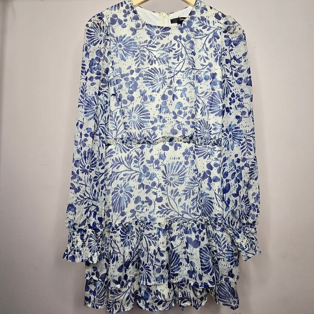 AQUA Women's Blue & White Floral Longsleeve Dress with Ruffles Size M